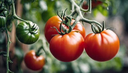 Wall Mural - A bunch ripe red tomatoes hanging from a plant