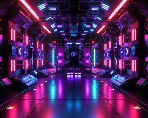 A visually stunning 3D backdrop featuring futuristic elements and illuminated neon lights,