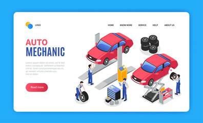 Canvas Print - Isometric mechaninc landing page template with employees working in a workshop