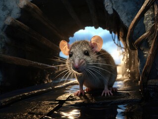 Canvas Print - Curious rat peering out from wooden structure