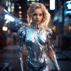 Poster - futuristic female cyborg warrior in metallic armor