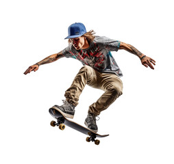 A male skateboarder doing tricks, isolated on a white background, shows an urban lifestyle and sport. Generative AI