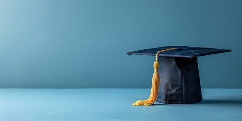 Black graduation cap on pastel blue background.