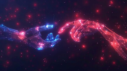 3D polygonal vector illustration depicting a robot hand and a human hand clasping a processor, symbolizing artificial intelligence, technology, machine learning, and neural networks.