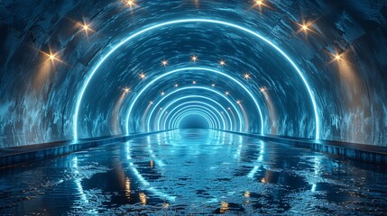 Wall Mural - 3d rendering of curved tunnel with led glowing lights on ceiling and reflection from puddle on wet d