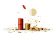 © Mariia - Break-even point cartoon illustration - Generative AI. Coin, stack, red, gold.