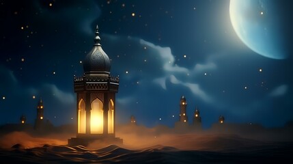 Canvas Print - Ramadan Kareem's background with mosque and moon. 3d rendering