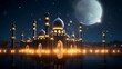 Illustration of the mosque at night with full moon. Ramadan Kareem background
