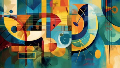 Abstract painting of an art deco window with colorful shapes and lines