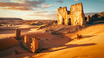 Abandoned ruins in the desert at sunset