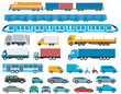 Samlung von Lastwagen und Autos, Eisenbahn, Bus und Leferwagen, Freisteller isoliert, illustration