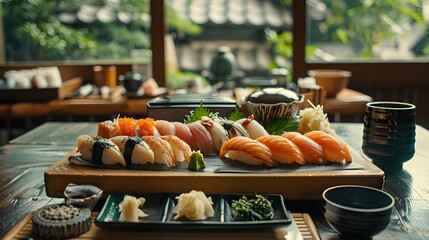 Wall Mural - A delicious sushi meal with fresh fish and vegetables sits on a restaurant table