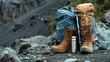 Hiking boots and gear ready for an outdoor adventure, set against a rocky terrain. AIG50