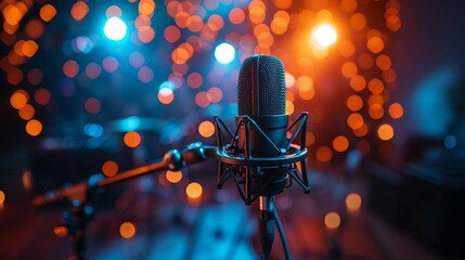 Detailed studio condenser microphone with pop filter and anti-vibration mount capturing live recording against a backdrop of colorful lights. Side view.