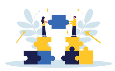 Wall Mural - Business concept. Team metaphor. People connect puzzle elements. Flat illustration in flat design style. Teamwork, collaboration, partnership. Businessmen working together and moving towards success.