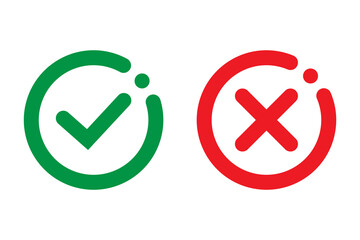 Wall Mural - Right or wrong icons. Green tick and red cross checkmarks in circle flat icons. Yes or no symbol, approved or rejected icon for user interface.