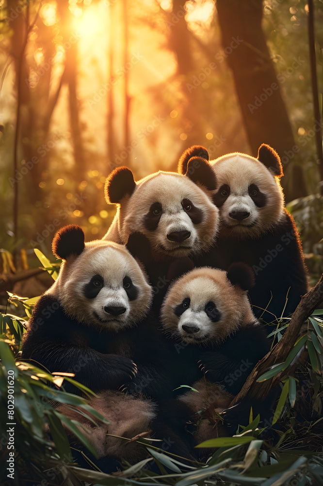 Panda bear family at the rain forest with setting sun shining. Group of ...
