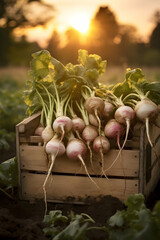 Wall Mural - Turnips harvested in a wooden box with field and sunset in the background. Natural organic fruit abundance. Agriculture, healthy and natural food concept. Vertical composition.