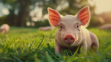 Wall Mural - A pink and tender little pig playing on the green grass