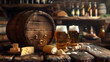 Beer's in oak beer barrel and brie de meux, epoisse, comte background with copy space for text, front view. world beer day background with copy space for text. brown table background 3d rendering 4k A