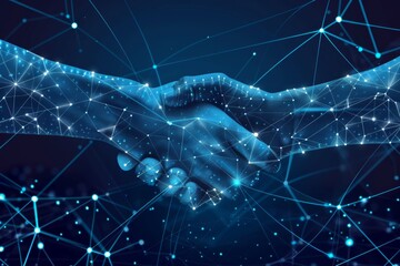 handshake of two hands with connected dots grid in blue neon color. AI human relationship. Digital sign and agreement.