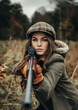 Focused Female Hunter Aiming Rifle in Forest, Portraying Precision and Determination in Outdoor Sport