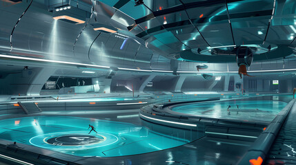 Wall Mural - Design a futuristic sports arena where athletes compete in zero-gravity environments. 