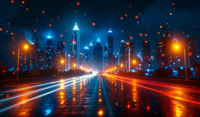 Wall Mural - Abstract blurred bokeh light trails on the road at night scene