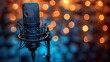 Studio condenser microphone with professional headphones on acoustic foam panel background with blue and orange light, copy space on right