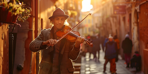 Wall Mural - Cheerful street musicians performing on city street on sunny summer day. Performer playing a violin. People gathering in the background.