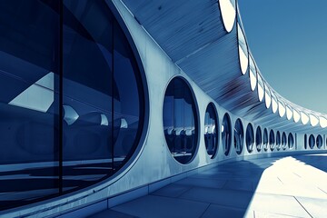 Wall Mural - Retrofuturism architecture with arched windows, against a sapphire sky.