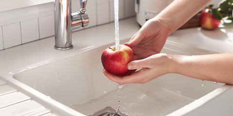 Wall Mural - Washing big red apple with tap water from kitchen faucet. Safe to drink tap water. Washing fruits and vegetables before eating.