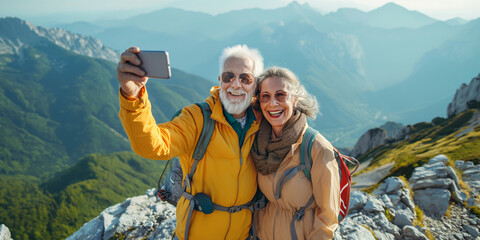 Wall Mural - Cheerful senior hiker couple taking a selfie atop of a mountain they just hiked. Adventurous elderly man and woman with backpacks. Hiking and trekking on a nature trail.