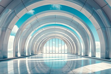 Wall Mural - Retrofuturistic metropolis with arched windows, under a vast blue sky.