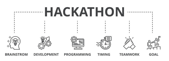 Hackathon concept icon illustration contain brainstorm, development, programming, timing, teamwork and goal.