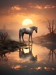 A beautiful white horse standing in a lake at sunset, with a stunning orange sky and a gorgeous reflection in the water.