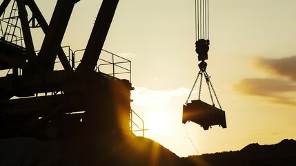 Canvas Print - Crane lifting materials at sunrise, silhouette against the sky, close-up, dynamic composition 