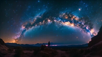 A person stands in front of a large, glowing, star-filled sky. The scene is serene and peaceful, with the person looking up at the stars in awe
