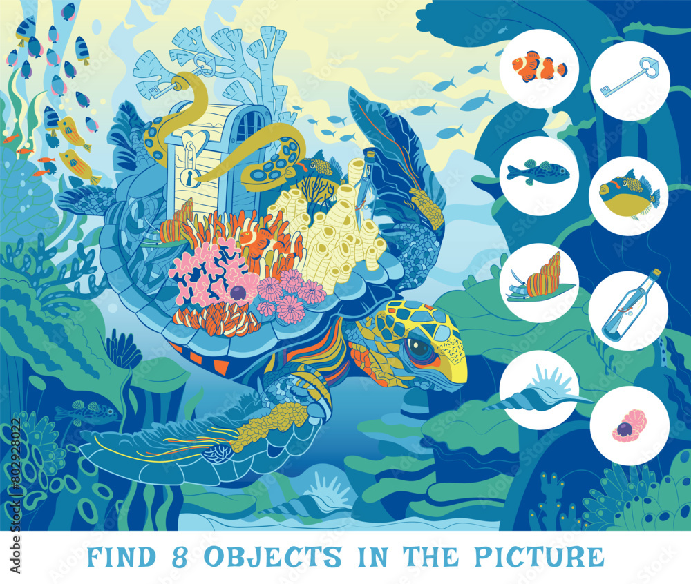 Find 8 objects in the picture. Hidden object puzzle. Huge sea turtle ...