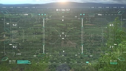 Aufkleber - HUD digital panel interface aerial view flying through explore forest on sun shine behind the mountain landscape or perspective view with automatic tracking system 4K motion