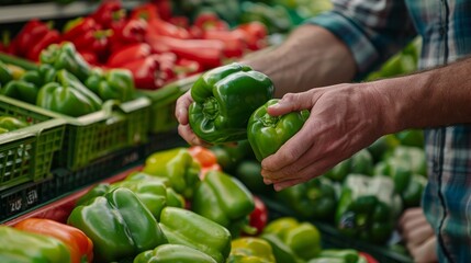 Wall Mural - Choosing Fresh Green Bell Peppers at Local Grocery