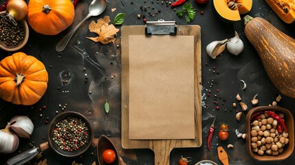 Food background featuring ingredients for tasty winter and autumn dishes with pumpkin, arranged around a blank cardboard clipboard for menu or recipe display. Top view mockup.