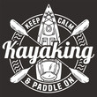 Black and white emblem design, featuring a kayak, paddles, and a mountain for nature and outdoor sports enthusiasts