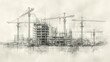 multi-storey residential building under construction , black and white pencil drawing