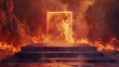 Hellish gates on a blazing lava podium, rock volcano background with a geometric stage set in a hot, smoky outdoor environment