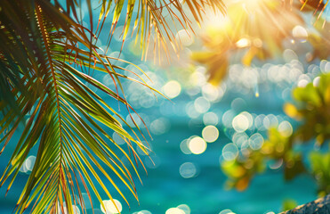 serene view of a sparkling sea through the silhouette of palm leaves, with sunlight filtering through and creating a shimmering effect on the water's surface