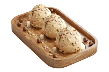 Ball scoop of hazelnut ice cream in wooden tray isolated on transparent background