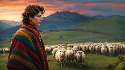 Joseph wearing a coat of many colors tending the sheep biblical concept. Mountain background with copy space.
