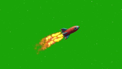 rocket flying on green screen background with burning fire animation. cartoon rocket animation on gr