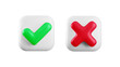 Vector 3d checkmarks icon set. Square glossy yes tick and no cross sign isolated on white background. Green check mark and red X symbol on white square button realistic 3d render. Right and wrong set.